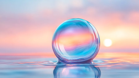 Water drop with colorful sky and sunset background. 3d rendering.