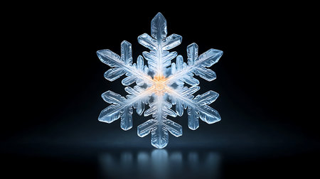 3d rendering of snowflake on black background with reflection and light