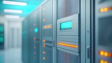 Server racks in data center room. 3d rendering toned image