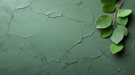 Green leaves on a textured background with space for text, top viewの写真素材