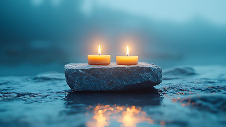 Burning candles on a stone in the dark. 3d renderingの写真素材