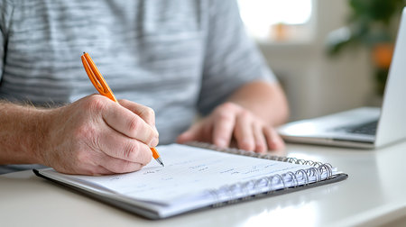 Man writing in notebook at home office. Close-up of male hand holding pen and writing in notepad.