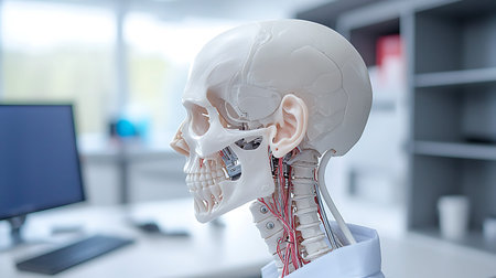 3d render of a human skeleton model in a medical laboratory.
