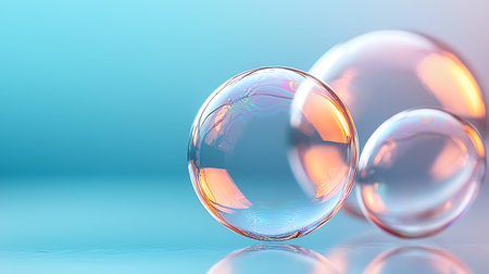 Transparent soap bubbles on a blue background. 3D illustration.