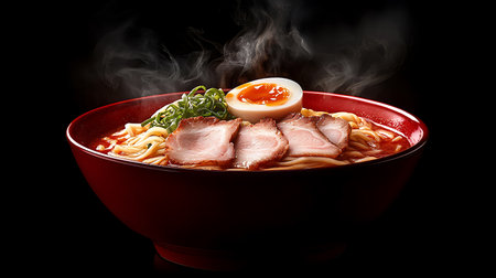 Japanese ramen noodle with sliced pork and egg on black backgroundの写真素材