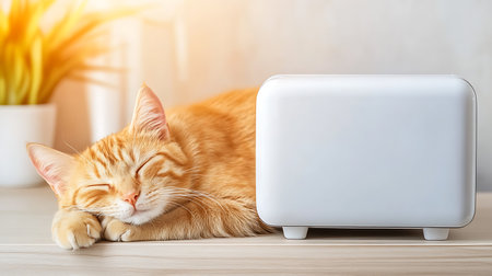 Cute ginger cat sleeping on the table with a white laptop.の写真素材