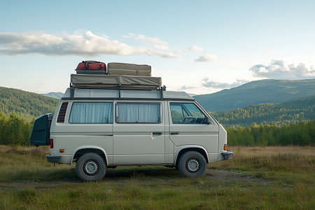 White camper van with luggage on the roof in the mountains.