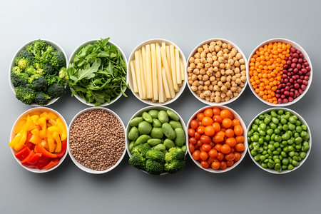 Healthy food selection in white bowls over grey background. Top viewの写真素材