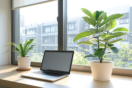 Laptop and potted plants on the windowsill. 3d renderingの写真素材