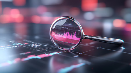 Magnifying glass over stock market data analysis concept. 3d renderingの写真素材