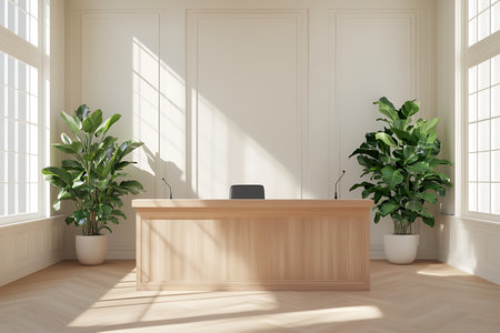 Interior of modern office with white walls, wooden floor, beige reception desk and green plants. 3d renderingの写真素材