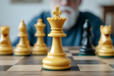 Old man playing chess at home. Selective focus on the king