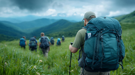 Hikers with backpacks on the trail in the Carpathiansの写真素材