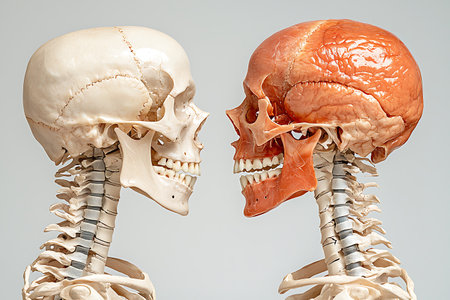 human skeleton anatomy, front and back view, isolated on gray backgroundの写真素材