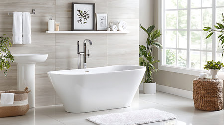 Bathroom interior with white bathtub and plants. 3d render