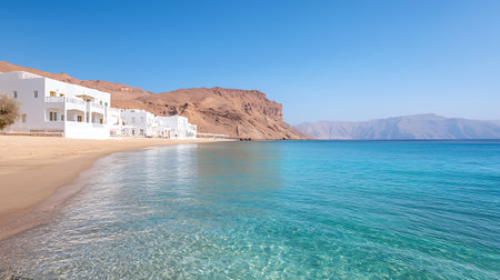 Panoramic view of the beautiful beach with white villasの写真素材