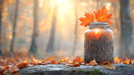 Candle in the autumn forest with fallen leaves.の写真素材