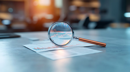 Magnifying glass on the table with financial documents. 3d renderingの写真素材