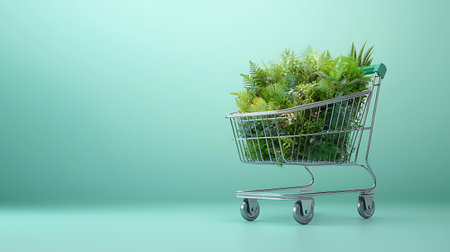 Green plant in shopping cart on green background. 3d illustration.の写真素材