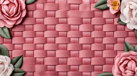 Pink rattan background with copy space. Top view, flat lay