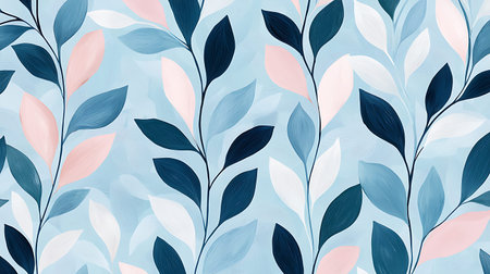 Seamless pattern with blue and pink leaves on light blue background