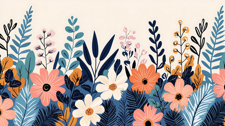 Seamless pattern with hand drawn flowers and plants. Vector illustration.の写真素材