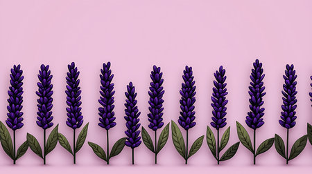 Lavender flowers on pink background. Flat lay, top view, copy space.の写真素材