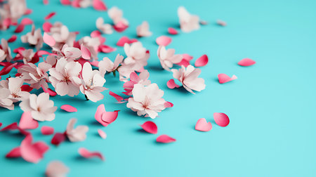 Cherry blossom petals on blue background with copy space.の写真素材