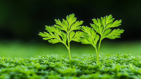Parsley growing on the green grass. Close-up.の写真素材