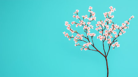Cherry blossom branch on turquoise background with copy spaceの写真素材