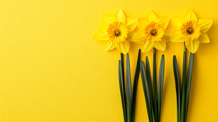 Yellow daffodils on yellow background. Top view, flat layの写真素材
