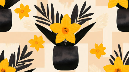 Seamless pattern with daffodils in black vase.