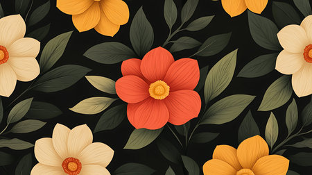 Seamless pattern with flowers and leaves on a black background.
