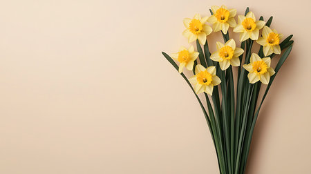 Bouquet of yellow daffodils on beige backgroundの写真素材