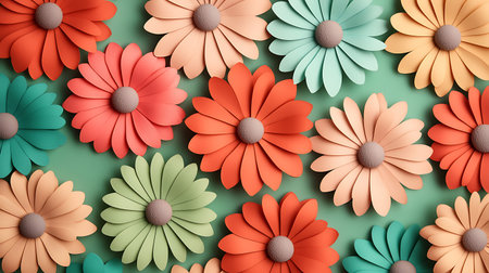 Colorful paper flowers on a green background. 3d rendering.