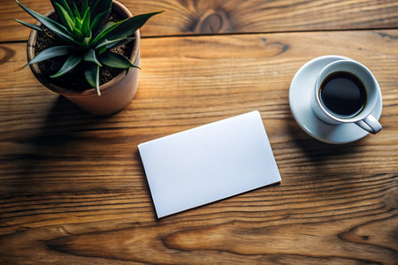 Blank business card and coffee cup on wooden table. Top viewの写真素材