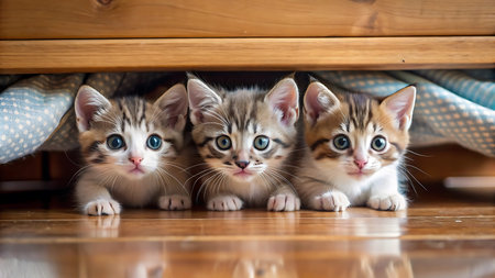 Three cute kittens lying on the floor and looking at cameraの写真素材
