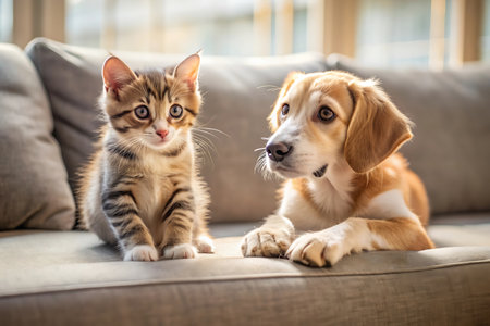 Cute kitten and beagle dog sitting together on sofa at homeの写真素材