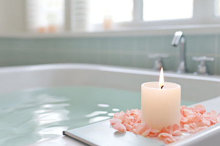 Beautiful spa composition with burning candle in bathtub, closeup