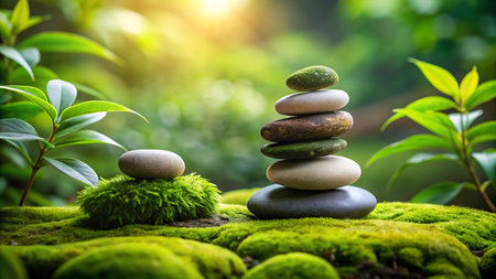 zen stones on green moss with bokeh background, nature conceptの写真素材