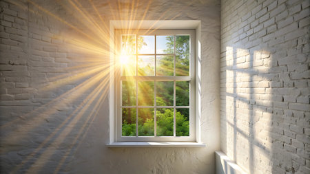 White brick wall and window with sun rays. 3d render.