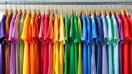 Colorful t-shirts on hangers in a fashion store.の写真素材