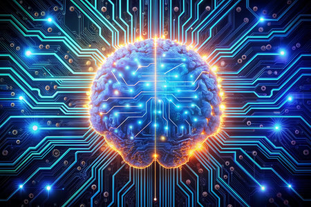 3d render of human brain on circuit board background. Artificial intelligence concept