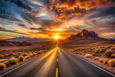 Road at sunset, Arizona, United States of Americaの写真素材