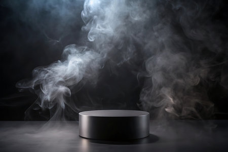 Black podium and smoke on black background. Mockup for design.の写真素材
