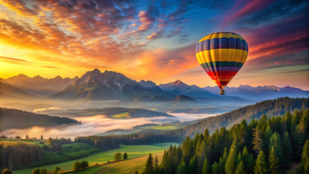 Hot air balloon flying over the mountains at sunrise. Colorful summer landscapeの写真素材