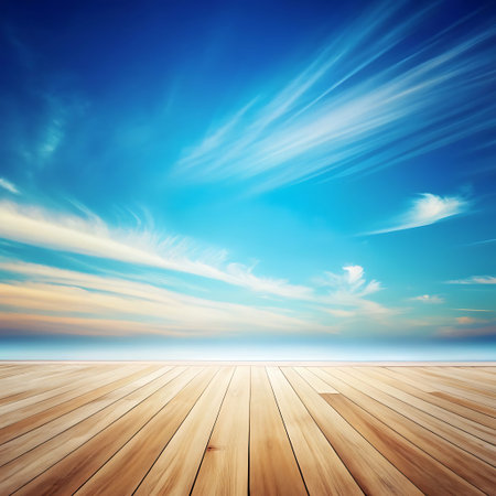 Wooden floor and blue sky with white clouds. Abstract background.