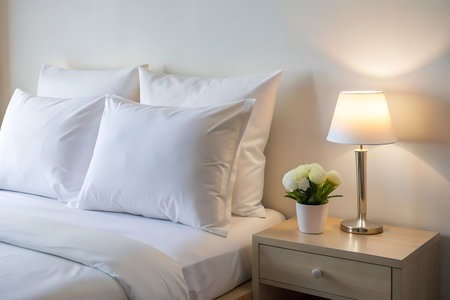 white pillow on bed decoration in bedroom interior with light lamp and flowerの写真素材