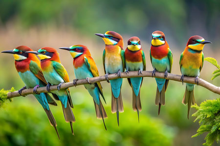 Group of bee-eater (Merops apiaster) on a branchの写真素材