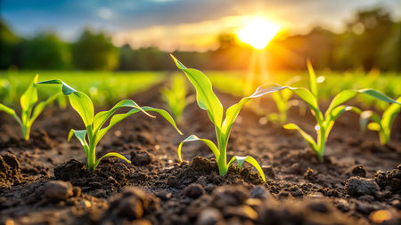 Young corn seedlings growing in a field at sunset. Beautiful summer landscape.の写真素材